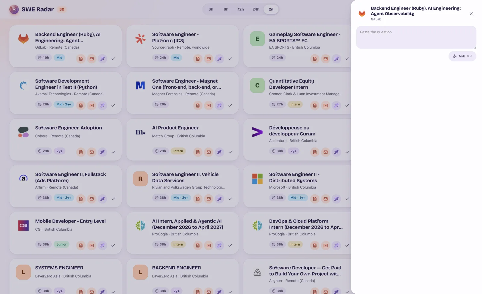 SWE Radar Ask AI panel open beside the feed